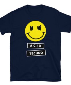 Acid Techno Unisex T-Shirt - Smiley Acid Face Rave Party 90s - Exclusive design of acid techno t-shirt with yellow smiley face color navy